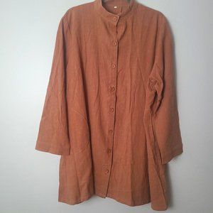 NWT Mordenmiss Brown Linen Collarless Full Front Button Down Shirt/Jacket - XXL